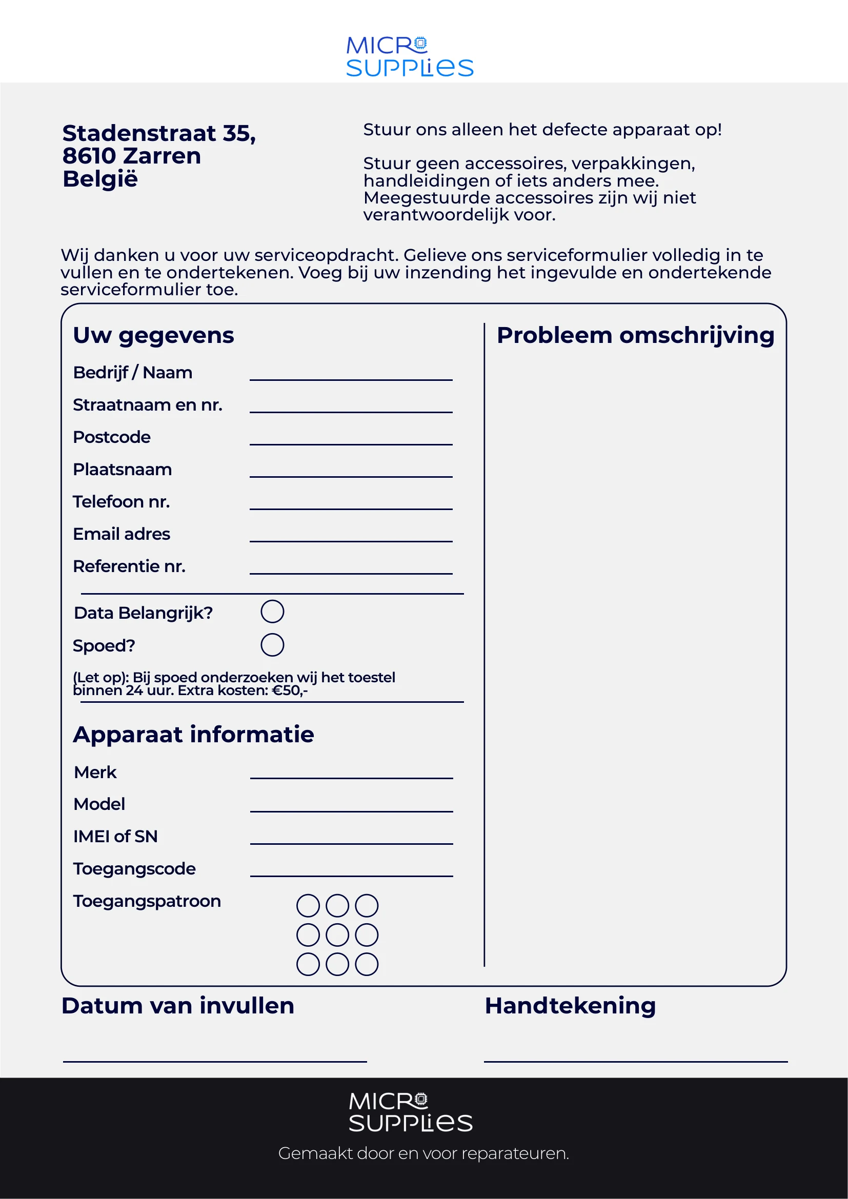 Voorbeeld van het serviceformulier van Micro Supplies